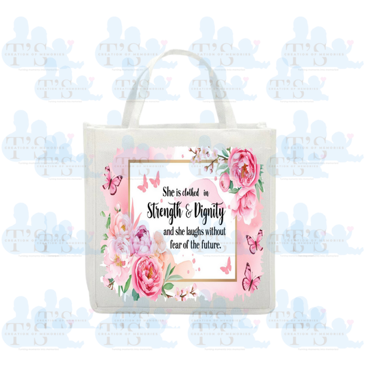Linen Tote Bag 'She is Clothed With....'