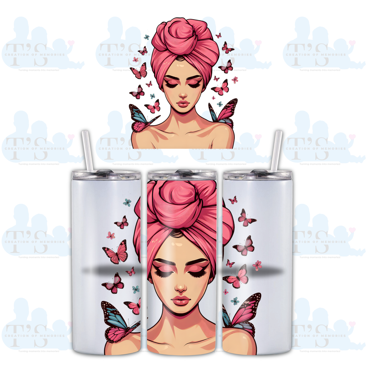Skinny Tumbler  - Woman with Pink Butterflies