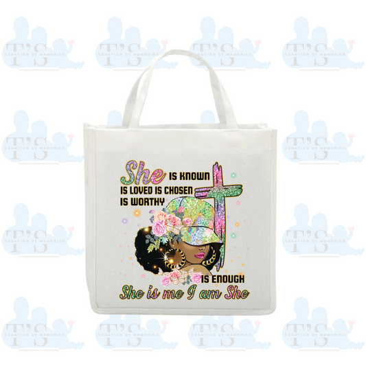 Linen Tote Bag 'She is Known, Loved, Chosen, Worthy, Enough....'